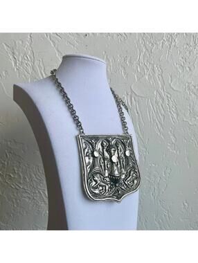 Silver Accessocraft NYC Large Medieval Revival Repousse Vintage Pendant